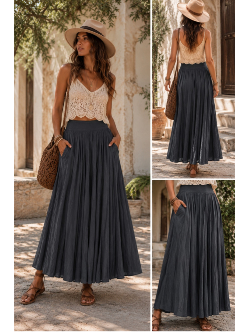 Club Monaco Maxi Skirt Size 12 Dark Gray Cupro Cotton Pleated Pockets Boho Flowy